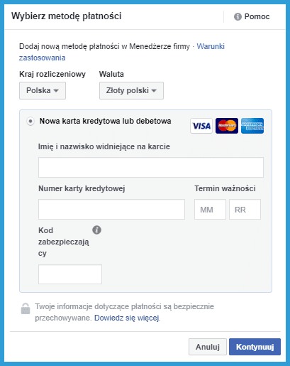 Jak dodać metodę płatności na Facebooku w menedżerze firmy