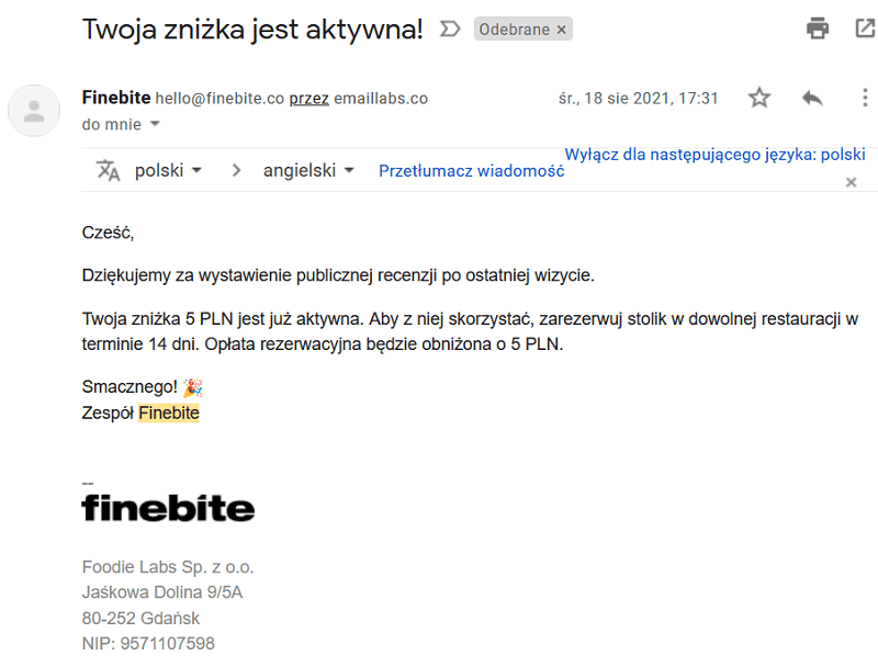 Finebite - rabat za podzielenie się opinią - UGC