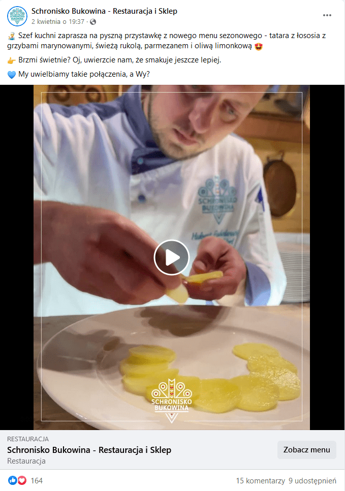 Post na FB Schroniska Bukowina i zdjęcie szefa kuchni układającego danie na talerzu