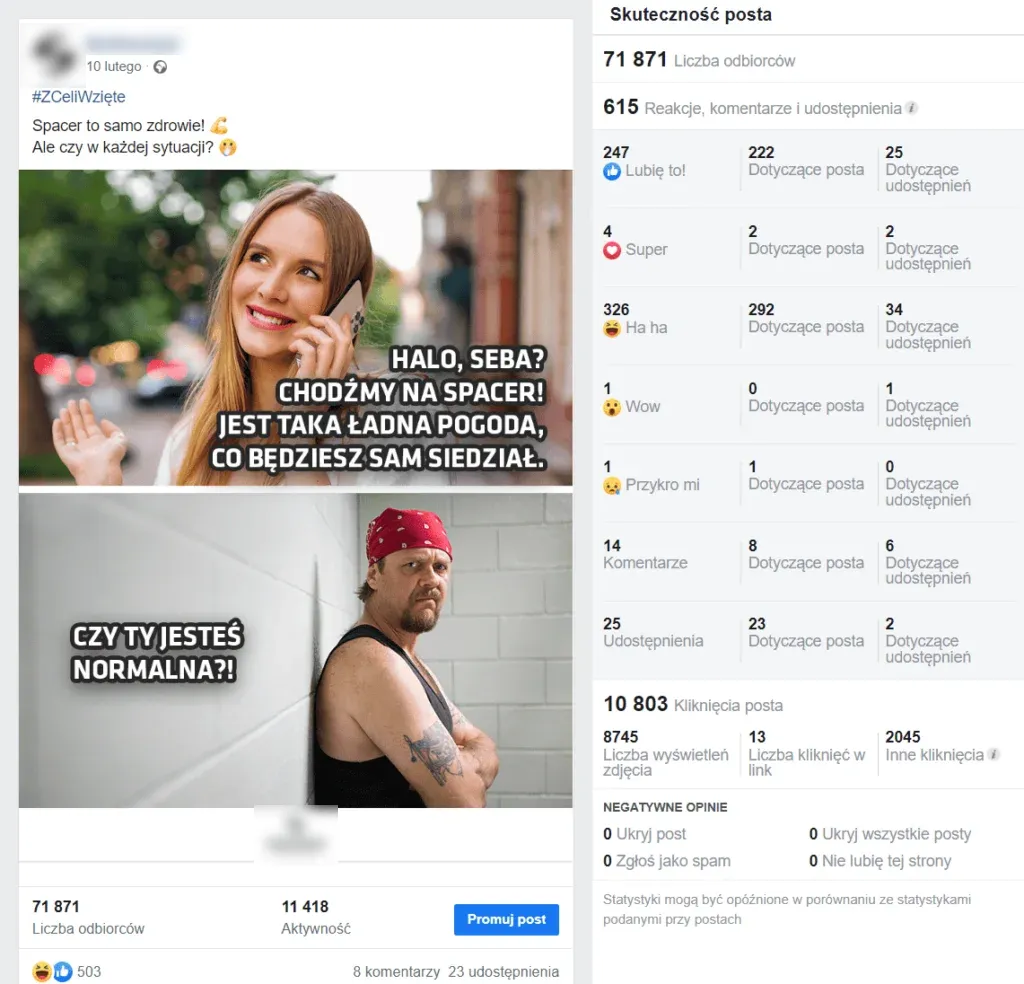 Mem na profilu marki z odzieżą mundurową na Facebooku. 