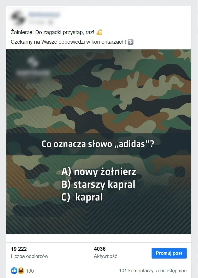 Post z zagadką na profilu sklepu z odzieżą dla służb mundurowych na Facebooku. 