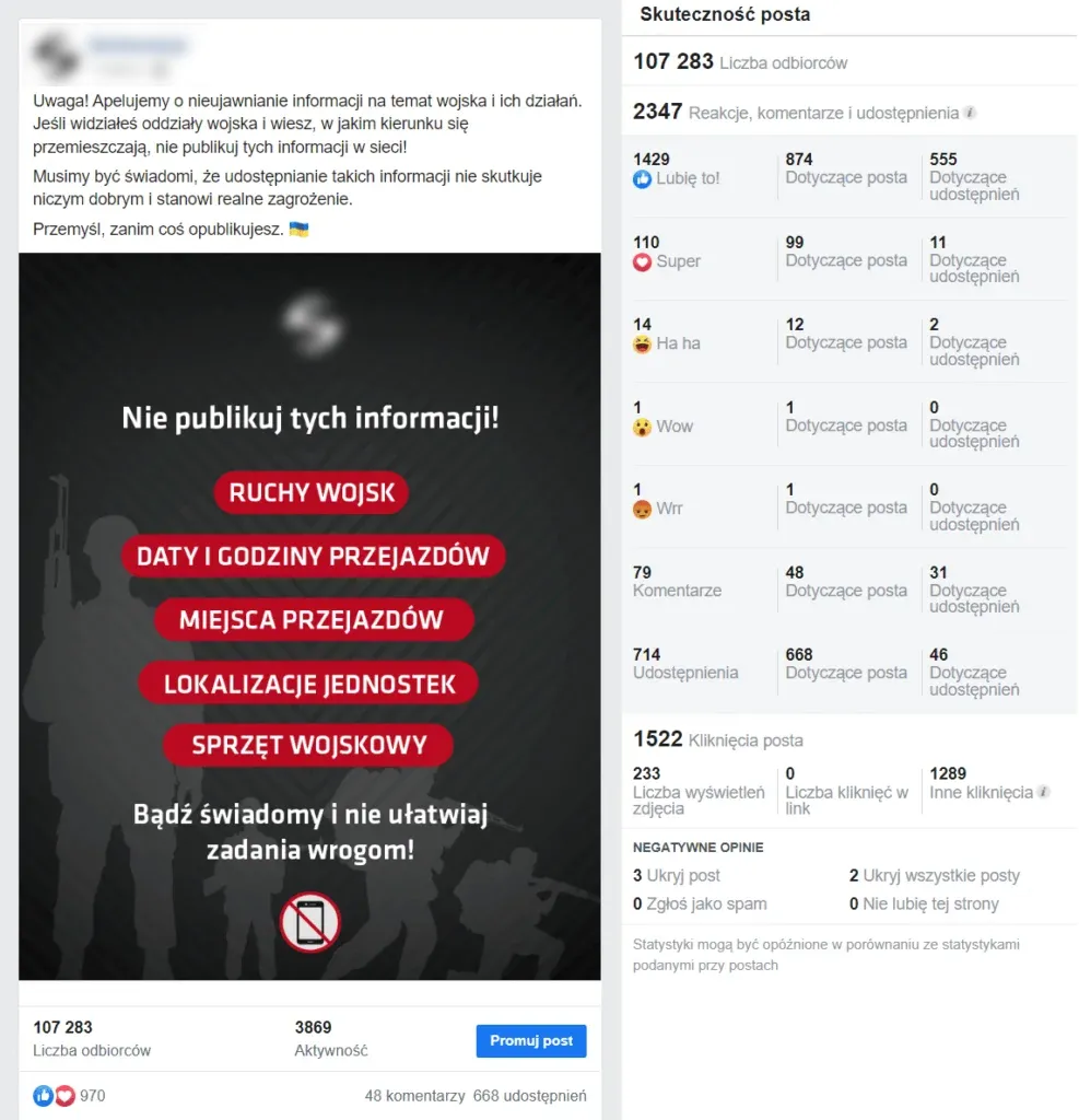Post na temat wojny na Ukrainie na Facebooku. 
