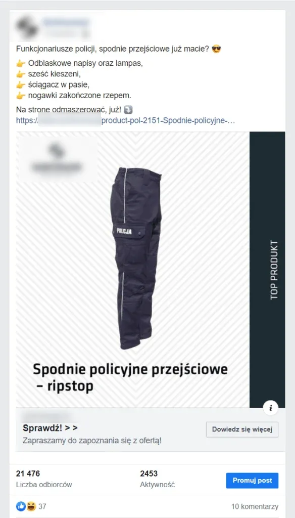 Post sprzedażowy - sklep mundurowy na Facebooku. 